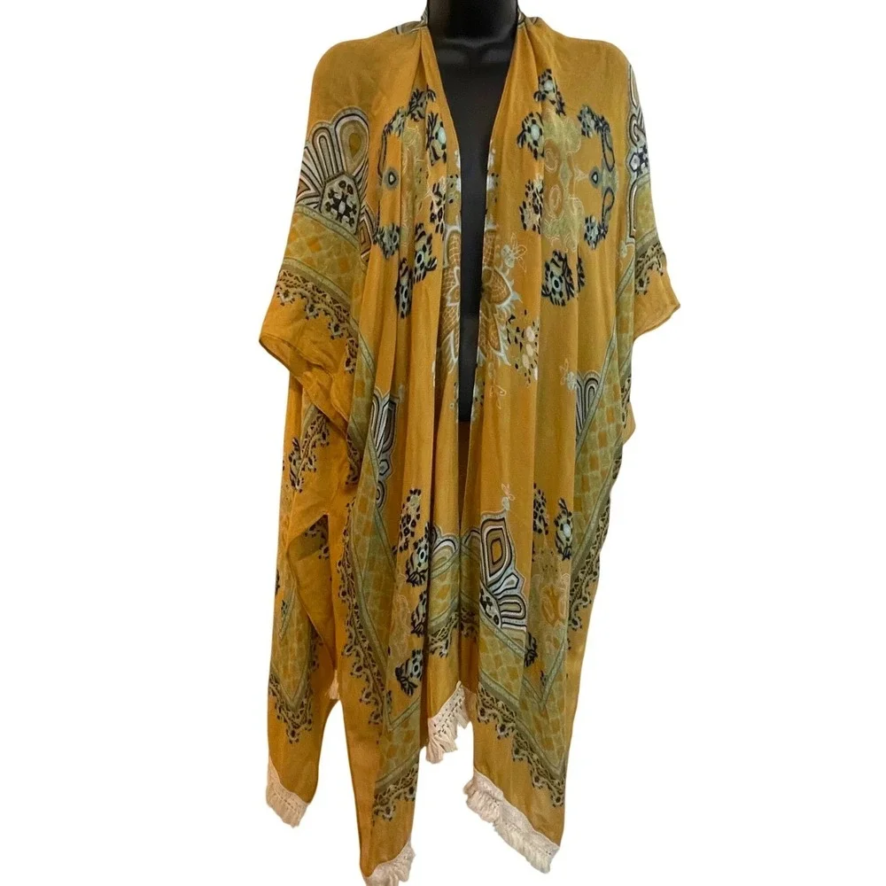 Angie Mustard Yellow Boho Medallion Fringe Kimono Wrap One Size OS‎